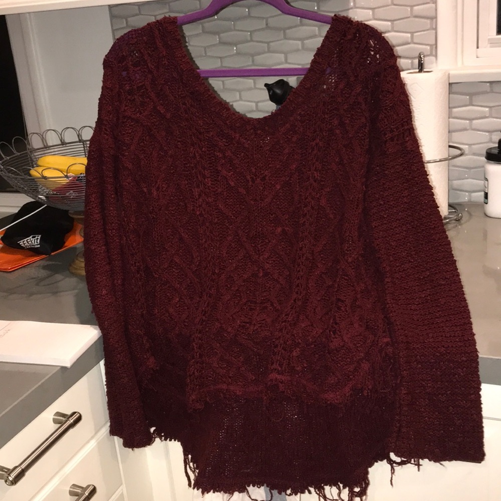 Maroon over sized frayed sweater